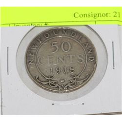 1918 SILVER NEWFOUNDLAND 50 CENT PIECE KING GEORGE