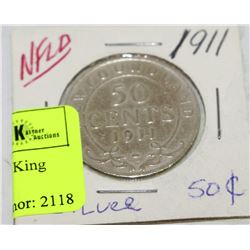 1911 SILVER NEWFOUNDLAND 50 CENT KING GEORGE LOW