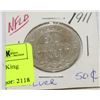 Image 1 : 1911 SILVER NEWFOUNDLAND 50 CENT KING GEORGE LOW