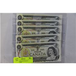 1973 CANADIAN $1.00 NOTES IN CONSECUTIVE ORDER X5