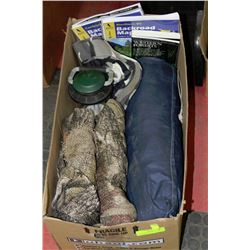 BOX W/CAMPING SUPPLIES INCL. TENT, CAMO