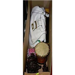 BOX OF ASSORTED ORNAMENTS WITH GUESS PURSE AND