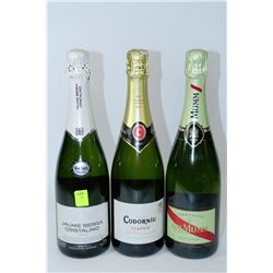 THREE VARIOUS BOTTLES OF SPARKLING WHITE WINE
