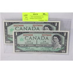 GEM UNC 1967 CENTENNIAL $1 NOTES CONSECUTIVE S/NX2