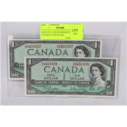 GEM UNC 1954 $1 BANKNOTES CONSECUTIVE S/N X2