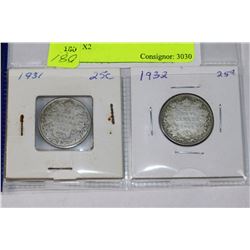 GEORGE V 1931 & 1932 SILVER 25 CENTS X2