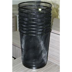 STACK OF 8 BLACK WASTE BASKETS