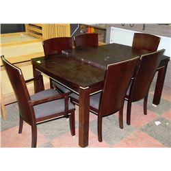 WOODEN DINING TABLE WITH 4 SIDE CHAIRS, 2 ARM