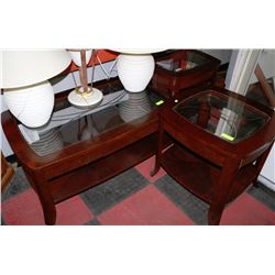 THREE PIECE GLASS TOP COFFFE TABLE SET