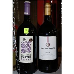 TWO 1.5 LITRE BOTTLES PAINTED TURTLE AND JACKSON