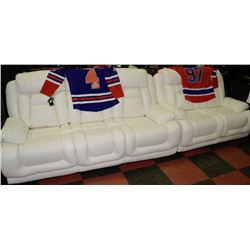 NEW WHITE PERFORATED LEATHER RECLINING SOFA AND