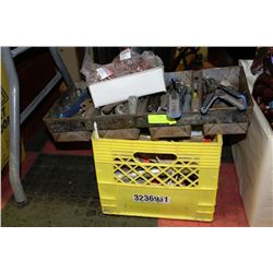 CRATE FULL OF ASSORTED HARDWARE, TOOLS & MORE