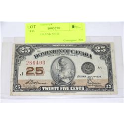 1923 DOMINION OF CANADA SHINPLASTER 25 CENT NOTE