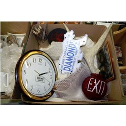 BOX W/MOOSE HORN, CLOCK, WOLF PIC.,