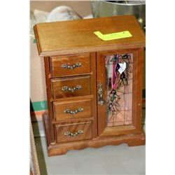 TALL BROWN FLOWERED JEWELLERY BOX W/ CONTENTS