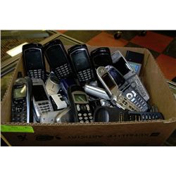 BOX OF USED CELL PHONES + BATTERIES