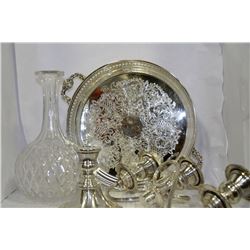 BOX OF SILVERWARE/CRYSTAL CANDLE HOLDERS