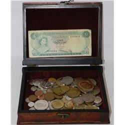 WOOD BOX W/ESTATE PAPER MONEY &