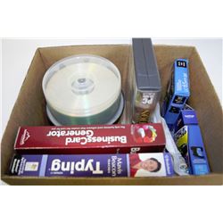 BOX OF COMPUTER COMPONENTS INCLUDING BLANK DVD'S,