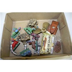 BOX W/6 PEWTER FIGURINES, POCKET KNIFE,