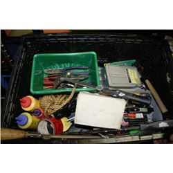 BLACK CRATE FULL OF TOOLS, HAMMERS, PLIERS,