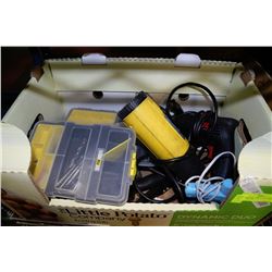 BOX WITH DRILL, HEAT GUN, DRILL BITS, DRIVER BITS