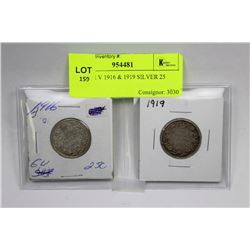GEORGE V 1916 & 1919 SILVER 25 CENTS X2