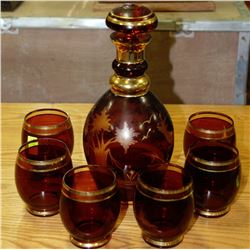 AMBER GLASS LIQUOR DECANTER WITH 6 GLASSES