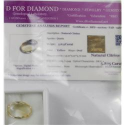 NATURAL YELLOW OVAL CITRINE 5.875CT WITH COA