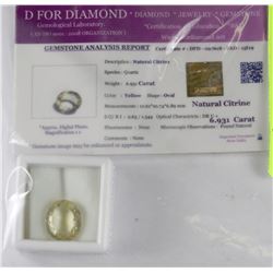 OVAL NATURAL YELLOW  CITRINE 6.931CT WITH COA
