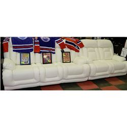 NEW WHITE PERFORATED LEATHER RECLINING SOFA AND