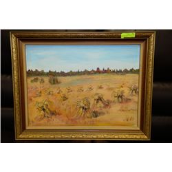 OIL ON CANVAS PICTURE OF STOOKS IN FIELD FARM