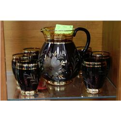 STUNNING ETCHED FLOWERED CRANBERRY GLASS PITCHER