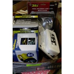 BOX OF NEW HEADLAMPS INCLUDING 2 NEW FLASHLIGHTS