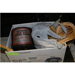 BOX OF MISCELLANOUS TOOLS AND BINDER TWINE