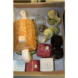 BOX OF SALT & PEPPER SHAKERS & TEAPOT