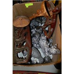 BOX OF SOAPSTONE STYLE FIGURINES AND MORE