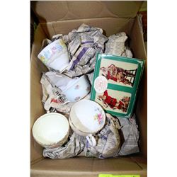 BOX  WITH COLLECTIBLE CHINA CUPS, SAUCERS AND