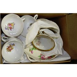 BOX WITH 6 TEACUPS, SAUCERS & ROYAL WINSTON DISH