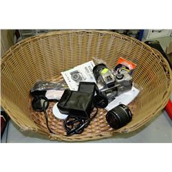 LARGE BASKET WITH CANON REBEL, CAMERA WITH LENSES