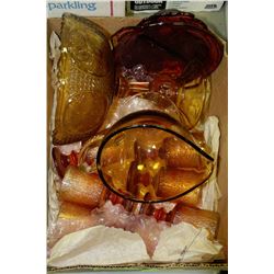 BOX OF AMBER GLASS FOOTED FRUIT BOWL,GRAVY BOAT,6