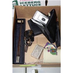 BOX W/POCKET KNIFE, WALLET, GRINDER,