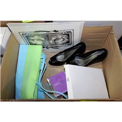 BOX OF MISC INCLUDING LADIES BAG, PAIR OF HIGH