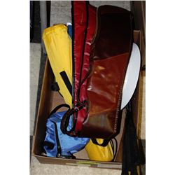 BOX CONTAINING SPORT RAQUETS, YOGA MAT, AB ROLLER,