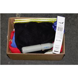 BOX OF PET SUPPLIES INCLUDING LEASHES, SWEATERS,