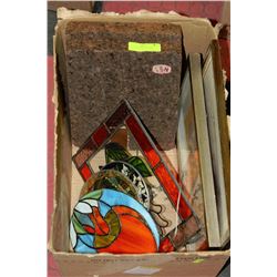 BOX OF ASSORTED PICTURES INCLUDING STAINED GLASS