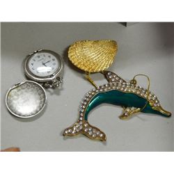POCKET WATCH, BROTCH & RHINESTONE STUDDED DOLPHIN - 3PC TTL