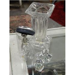 CRYSTAL VASE, CRYSTAL BELL AND 2 CRYSTAL PERFUME BOTTLES = 4 PC TTL