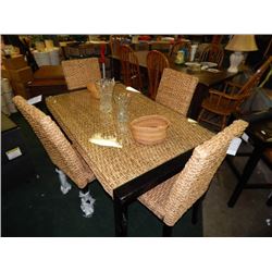 NEW - DINING TABLE  - 4 CHAIRS - WOVEN WATER HYACINTH AND WOOD - GLASS TOP