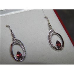 EARRINGS - NEW - GARNET EARRING SET WITH DIAMONDS - STERLING SILVER SETTING - FRENCH HOOK - SUGGESTE